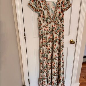 Max Studio Floral V-Neck Maxi Dress - Cream and Orange